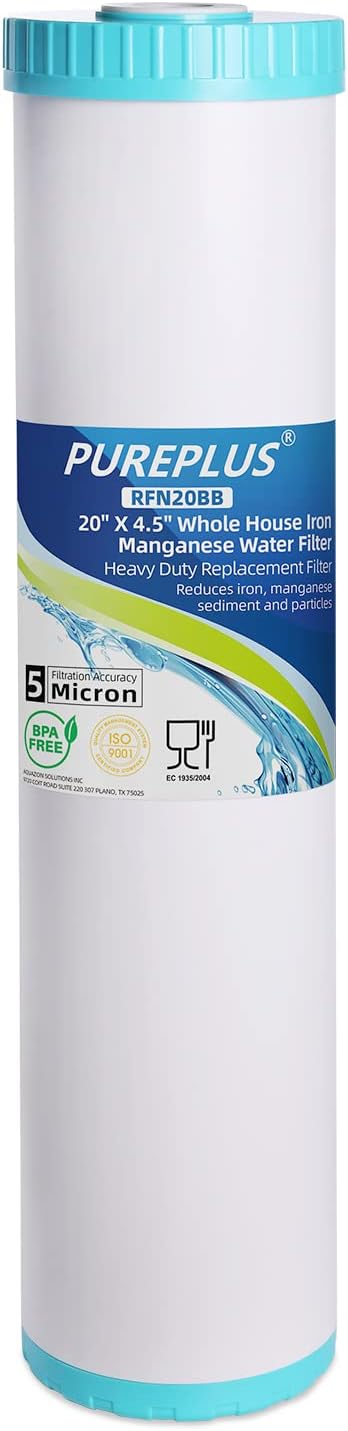 PUREPLUS 5 Micron 20 x 4.5 RFN20BB Whole House Iron & Manganese Reduce Water Filter Replacement Cartridge,1 Pack
