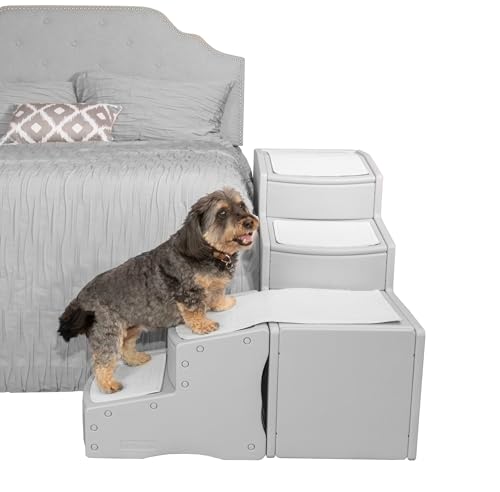 Pet Gear Easy Step Bed Stair for Cats/Dogs, Adjusts to Either Side of Bed, Removable Washable Carpet Treads, Storage Compartment