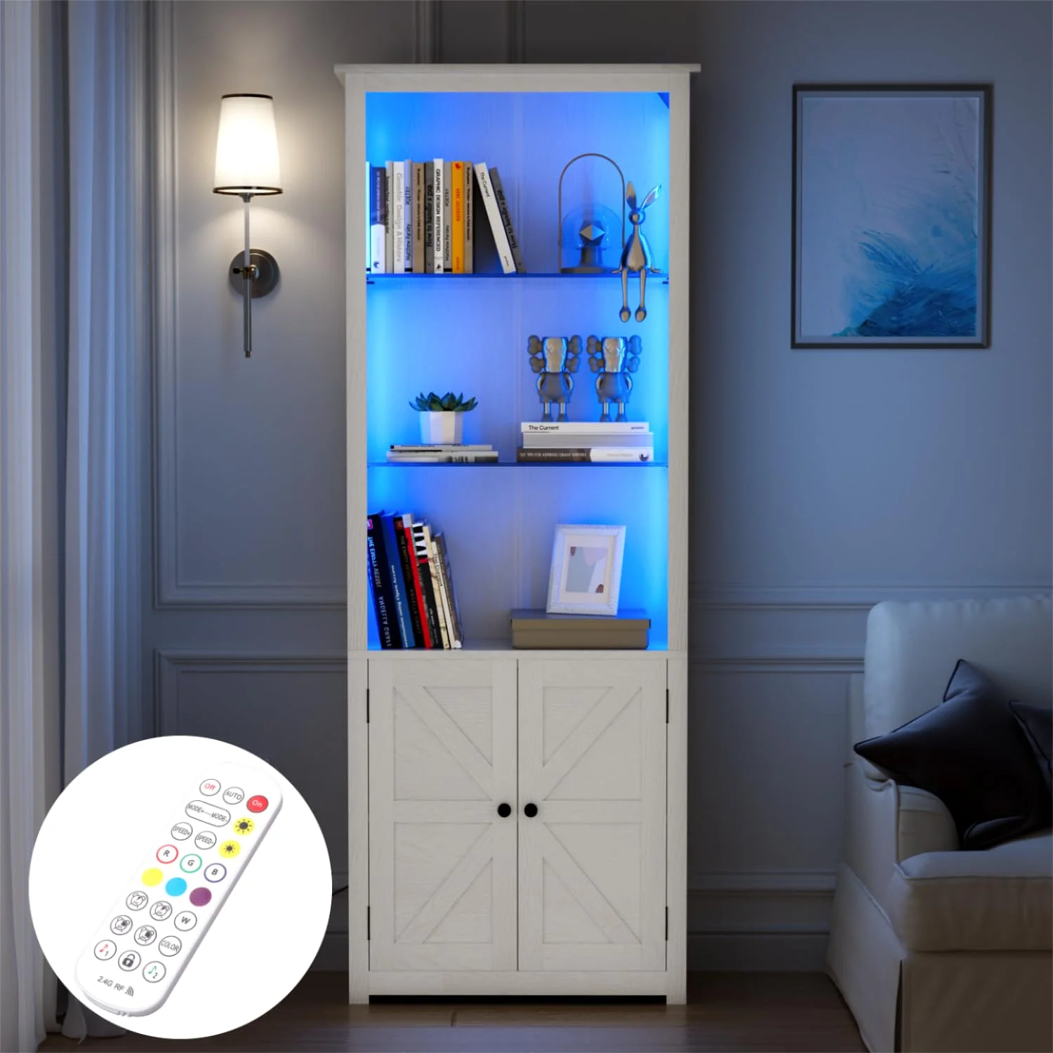 LGHM Bookshelf with LED Light Strip, 70" Tall Sturdy Wood 5-Shelf Bookcase with Adjustable Tempered Glass Shelves, Doors for Home Office, Living Room