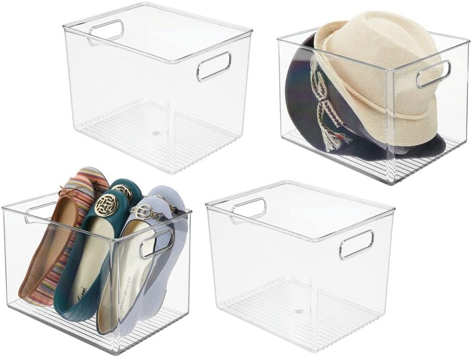 mDesign Modern Stackable Plastic Storage Organizer Bin Basket with Handle for Home Closet Organization - Shelf, Cubby, Cabinet