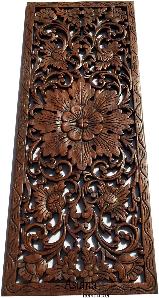 Asiana Home Decor Large Carved Wood Wall Panel. Floral Wood Carved Wall Decor. Size 35.5x13.5x0.5 (Brown-Teak)