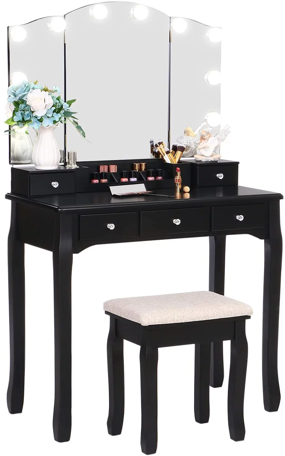 BEWISHOME Vanity Set with Lighted Mirror, Makeup Vanity with Tri-Folding Mirror 10 LED Bulbs