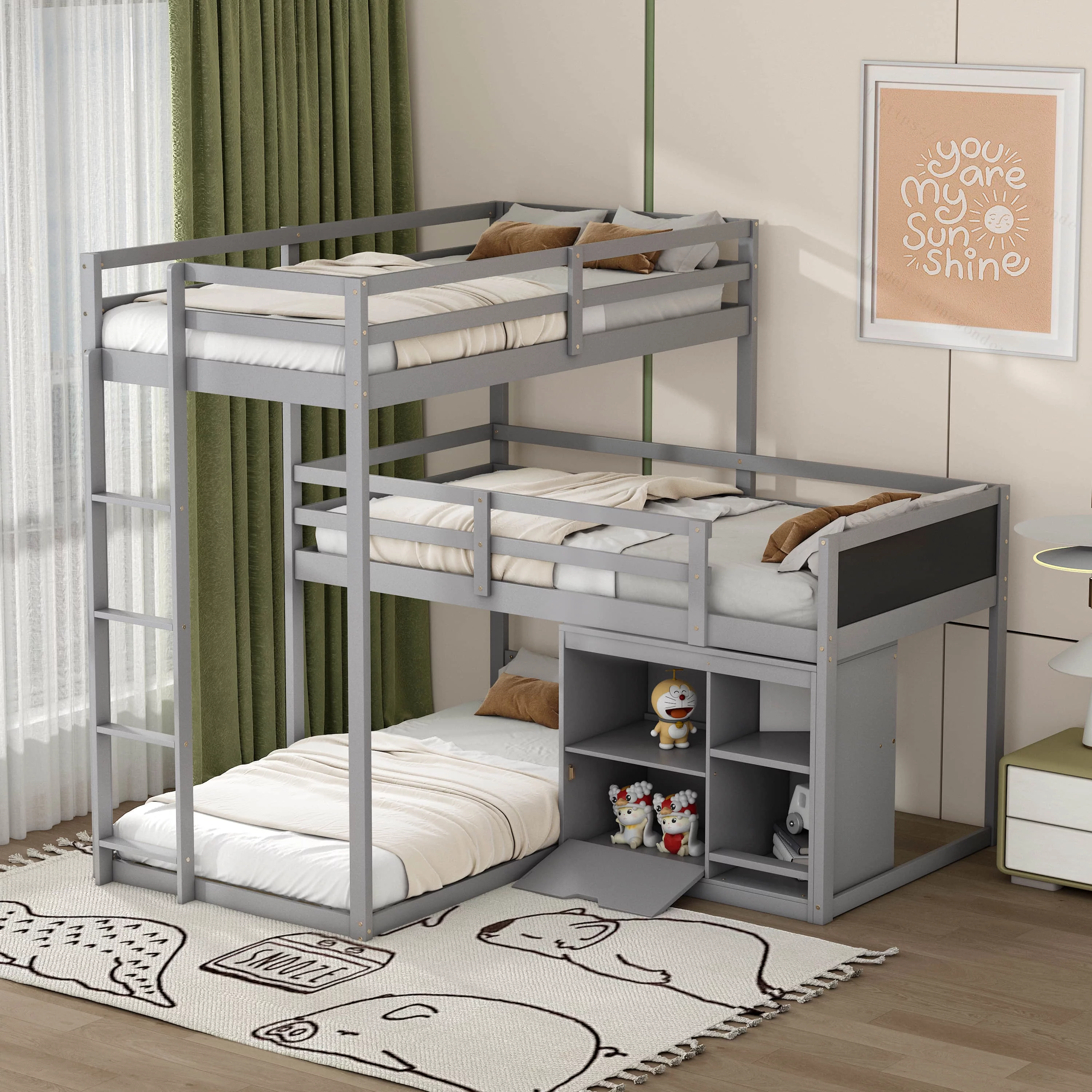 L-shaped Wood Triple Twin Size Bunk Bed with Storage Cabinet and Blackboard, Ladder - Curated Treasures Market