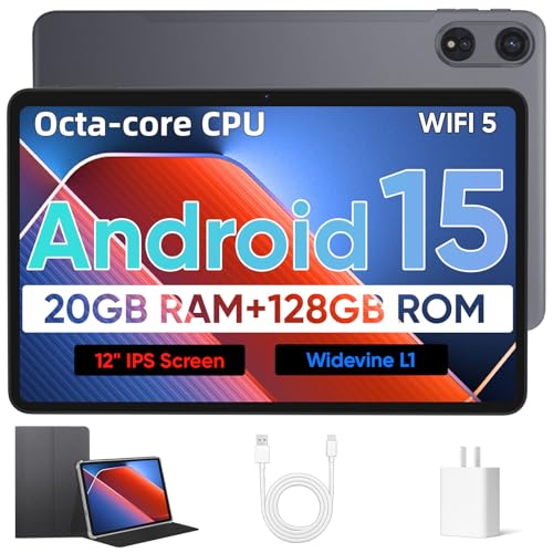 Android 15 Tablet with Octa-Core Processor, 12 Inch Tablets 20GB RAM (6+14GB), 128GB ROM+1TB Expand, 2000 * 1200 IPS Touch Screen