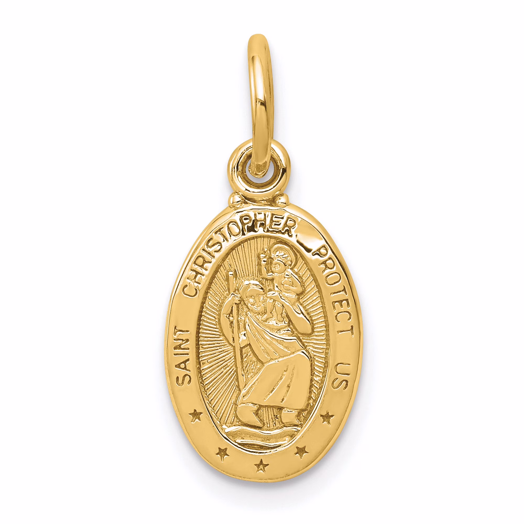 10k Yellow Gold Solid Oval Five Star Saint Christopher Protect Us Words Pendant 13 mm x 9 mm