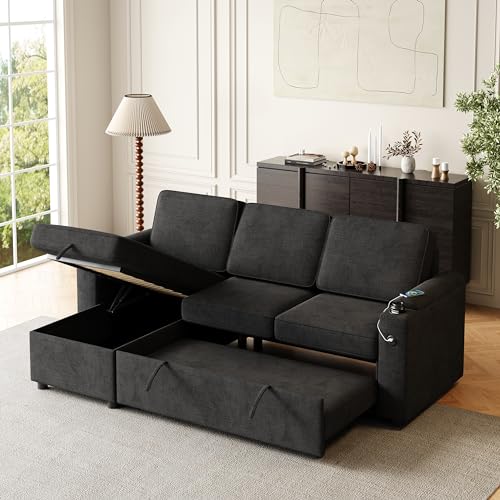 L-Shaped Sofa Couch Bed w/Chaise & Cup Holder, Convertible Sleeper Combo Sofa w/Pull Out Bed & Storage Space