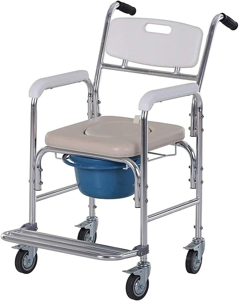 KOHARA Commode Chair,Toilet Chair Wheeled Commode,Wheeled Chair with Round Bowl and Footrests,Portable Bathroom Chair,Mobile Commode