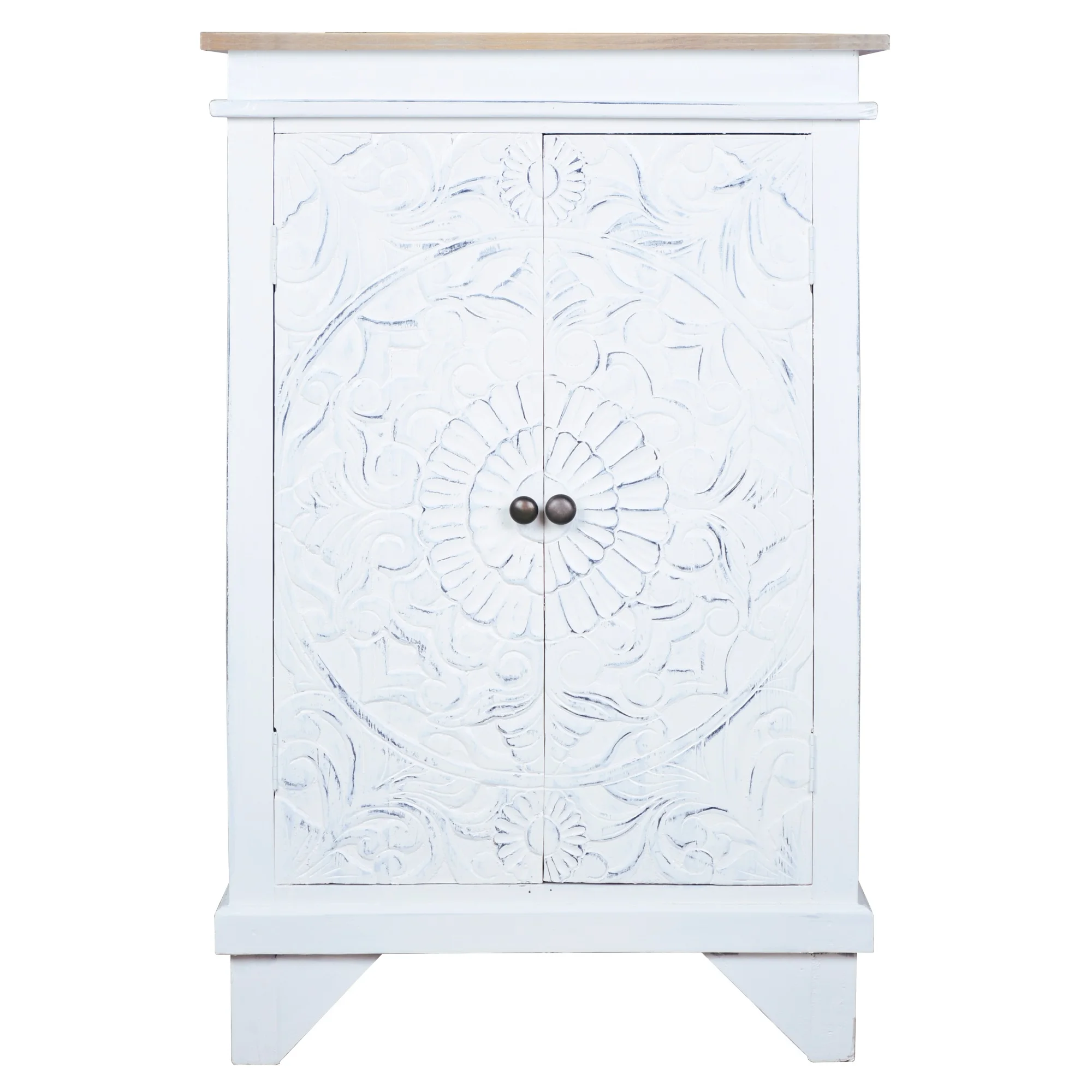 Besthom Shabby Chic Cottage Distressed White and Driftwood Brown Wood Carved Accent Cabinet - Curated Treasures Market