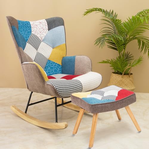 Patchwork Rocking Chair Accent Armchair Single Sofa Chair with Footstool and Pillow Fabric Upholstered High Back Armchairs Lounge Chair for Living