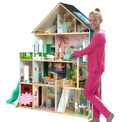 Delta Children Deluxe Maui Dollhouse - Large 4-Story Dollhouse with 12 Rooms Includes 50 Accessories - Working Elevator, Wave Slide, Lights/Sounds