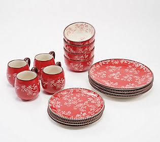 Temp-Tations Floral Lace 16-Piece EssentialDinnerware Set ,Red