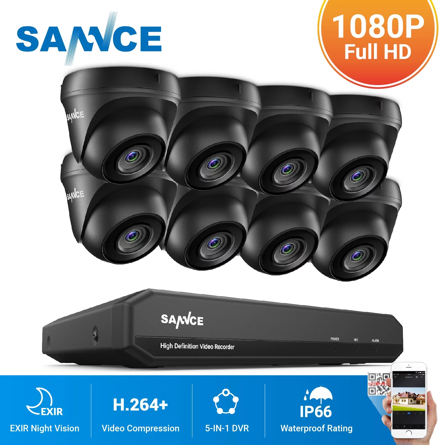 SANNCE 8Channel 1080p Surveillance Camera System 5-in-1 CCTV DVR Recorder with 8pcs Waterproof Wired Surveillance Cameras - Curated Treasures Market