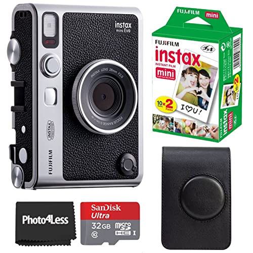 Fujifilm Instax Mini EVO Hybrid Instant Camera Black Bundle with Instax Mini Instant Film 20 Sheets, 32GB microSD Card