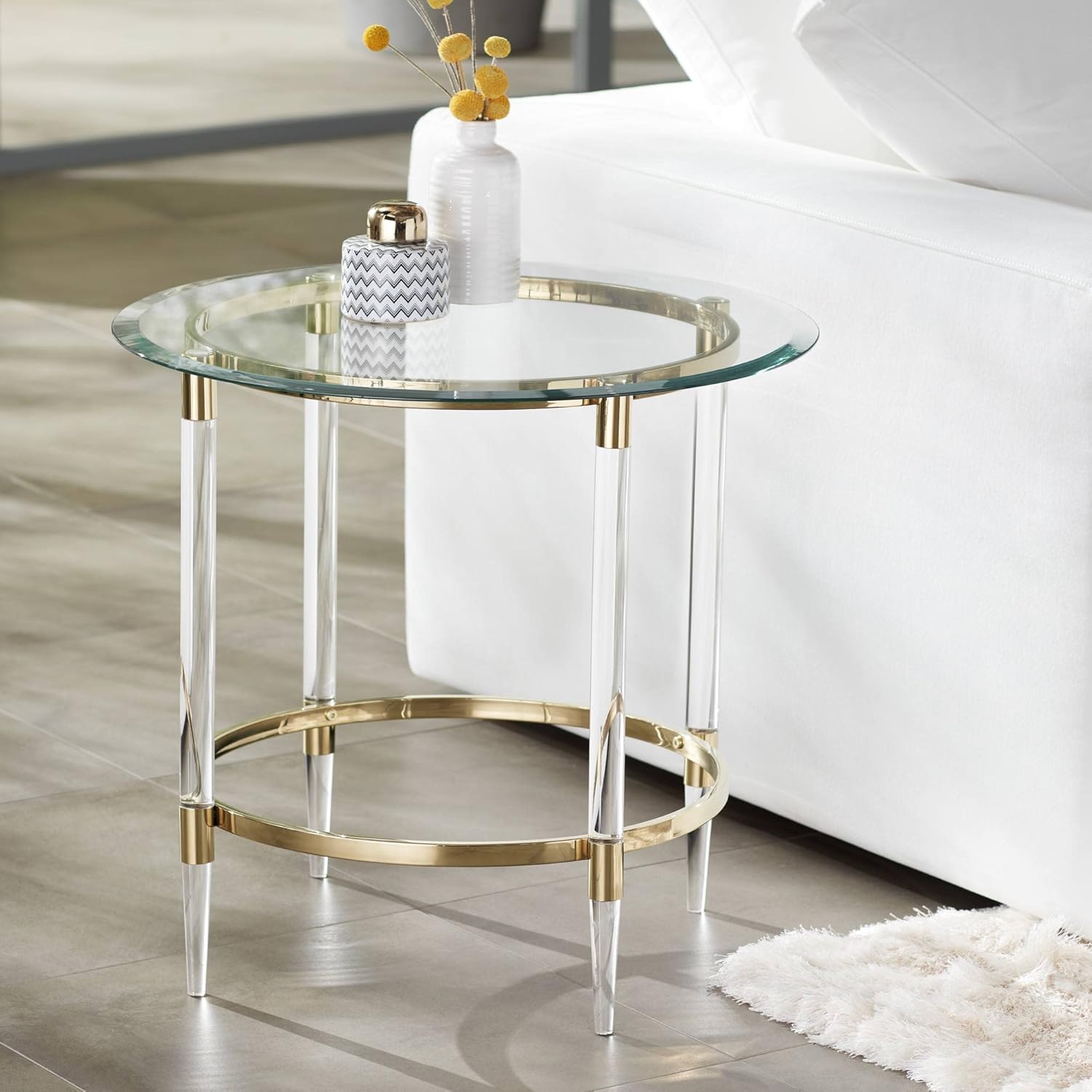 55 Downing Street Saarinen Modern Minimalist Glass Round Accent Side End Table 24 3/4" Wide Clear Gold Rings for Spaces Living Room Bedroom Bedside