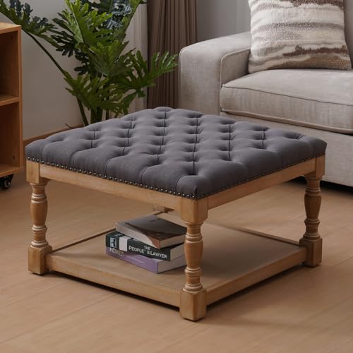 33-inch Large Square Ottoman Coffee Table with Storage Shelf and Solid wood Legs