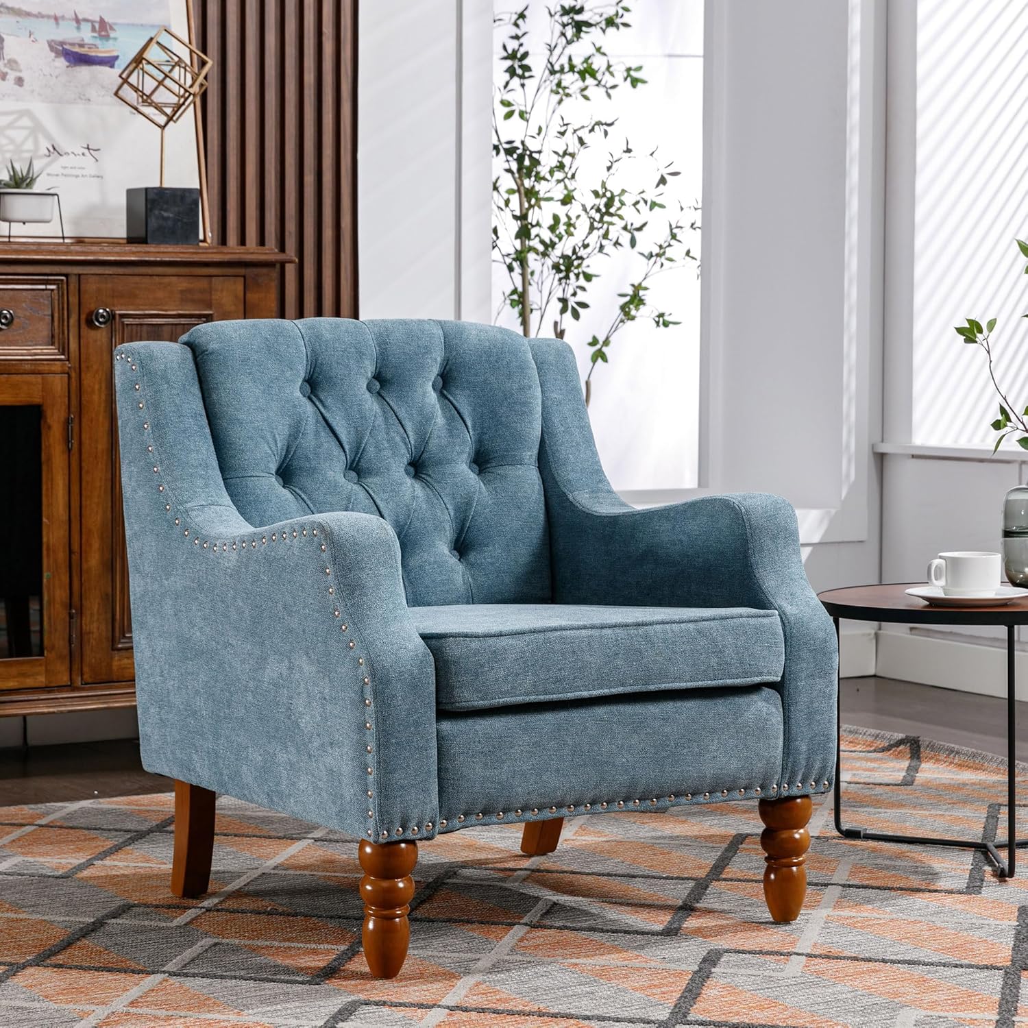Bellemave Accent Chair,Living Room Chair,Footrest Chair with Vintage Brass Studs,Button Tufted Upholstered Armchair for Living Room