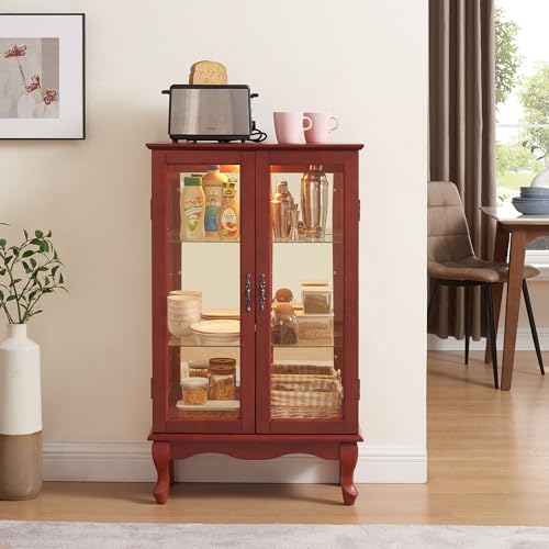 Dolonm Curio Corner Cabinet with Glass Doors, Curio Display Cabinets with Adjustable Shelves, Corner Display Cabinet with Mirrored Back Panel