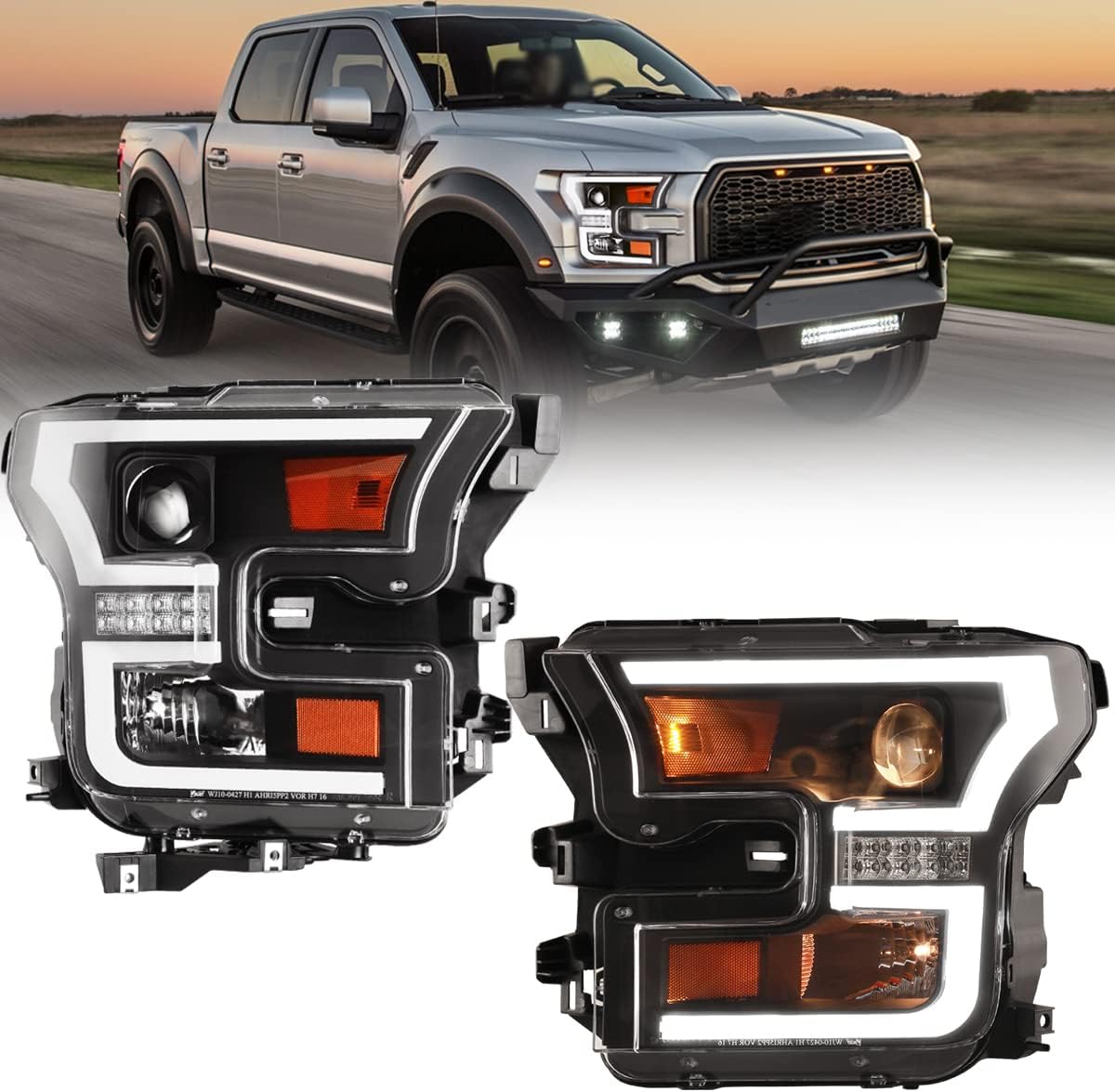 ROXX Headlights Assembly for 2015 2016 2017 Ford F-150, High Low Beam Projector Headlights w/ Led DRL, Led Amber Turn Signal Lights, Amber Reflector