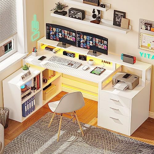 RUNFAYBIU L Shaped Desk with 3 Drawers  65" Corner Computer Desk with Power Outlets &amp; LED Lights  L-Shaped Desk with File Cabinet &amp