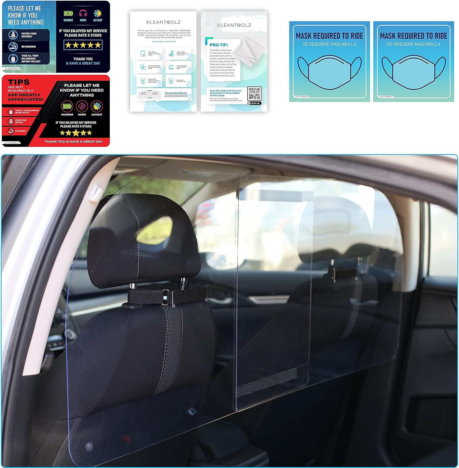 Kleantoolz Adjustable Plexiglass Car Sneeze Guard Barrier - Partition *IMPROVED For Most Vehicles, Shield For Rideshare Driver, Passengers