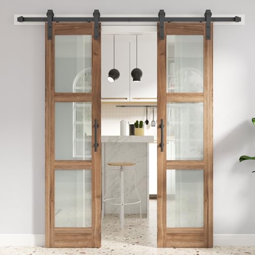 FREDBECK Double 18 x 84 inch Glass Barn Doors 36inch Barn Door with 6.6FT Hardware Kit & Handle Included,3-Panel Frosted Glass,LVL Wood Panel