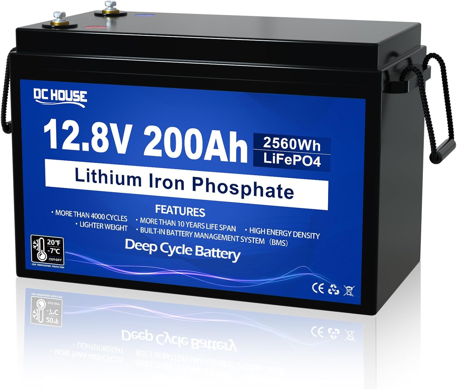 DC HOUSE 12V 200Ah Lithium LiFePO4 Deep Cycle Battery, Low Temp Cut Off, with 2560Wh Energy Max. Built-in 200A BMS for RV, Solar, Home Energy Storage