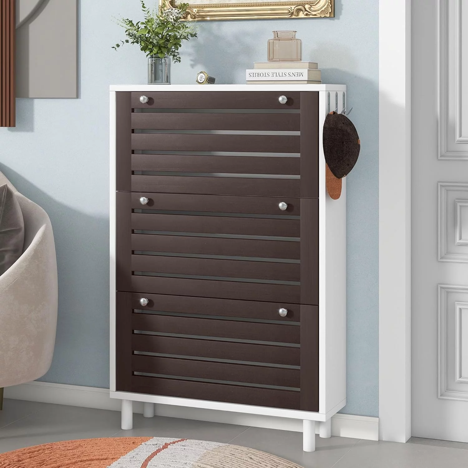 Minimalist Slim Shoe Cabinet with Hanging Hooks, Slits Design Panels Entryway Organizer with 3 Flip Drawers