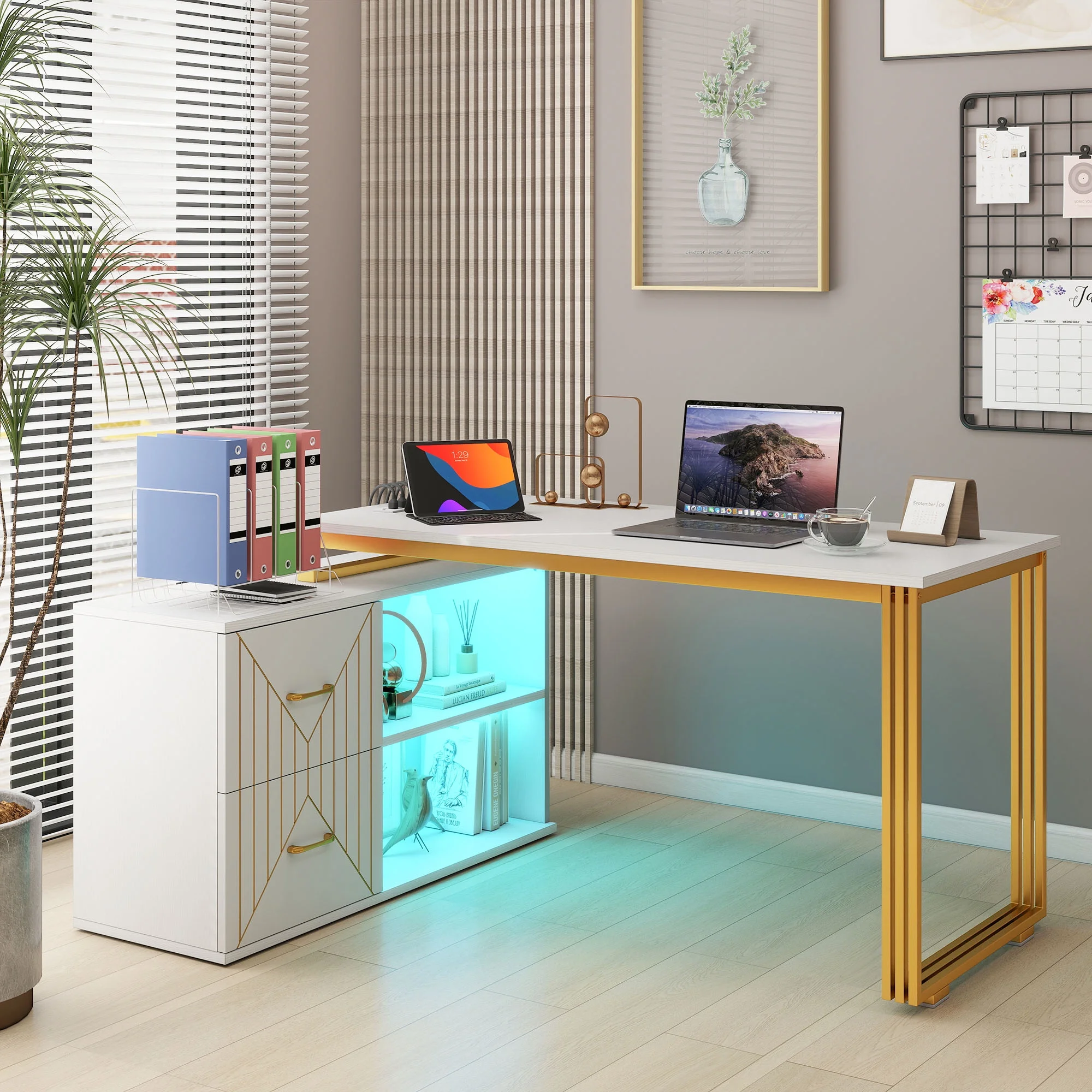 Dextrus L Shaped Desk with LED Light & Power Outlets, 55 Inch Reversible Corner Desk with Drawers & Storage Shelves