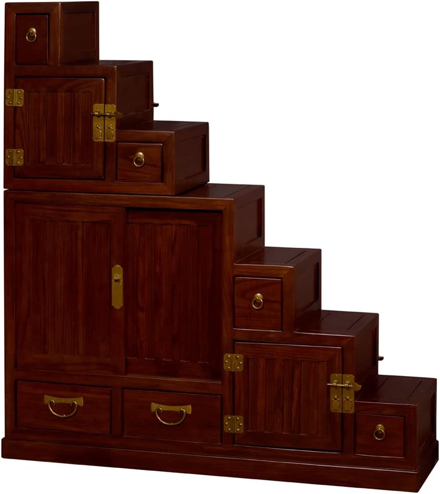 ChinaFurnitureOnline Elmwood Asian Cabinet, Japanese Step Tansu Chest in Mahogany Finish