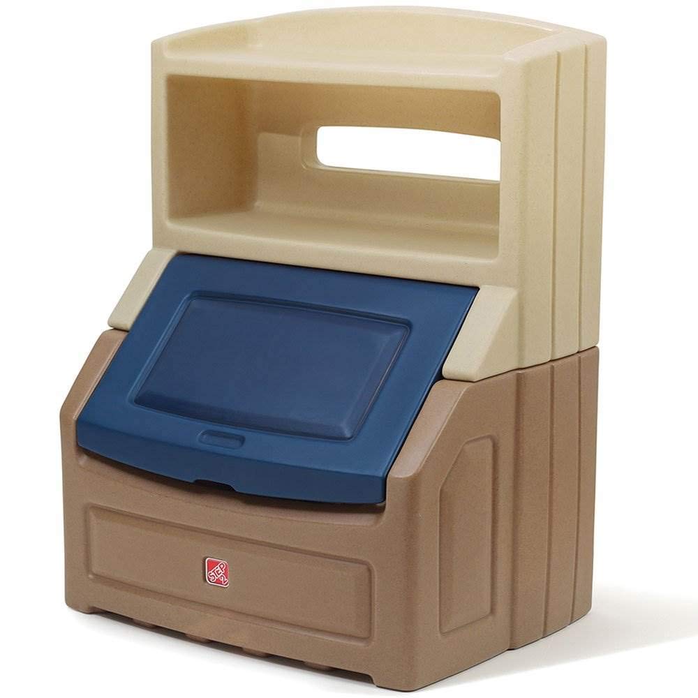 Step2 Lift and Hide Bookcase Storage Chest for Kids - Durable Plastic Toy Box Bookshelf Organizer, Tan/Blue