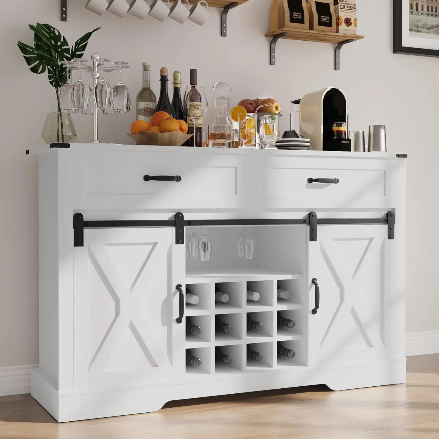 Superjoe 52" Buffet Storage Cabinet Farmhouse Sideboard w/12 Removable Wine Rack & Drawers