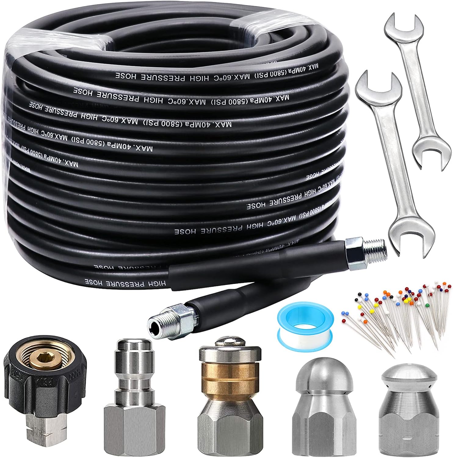 Sewer Jetter Kit 100FT for Pressure Washer, 5800PSI Drain Cleaner Hose 1/4 Inch NPT, Corner
