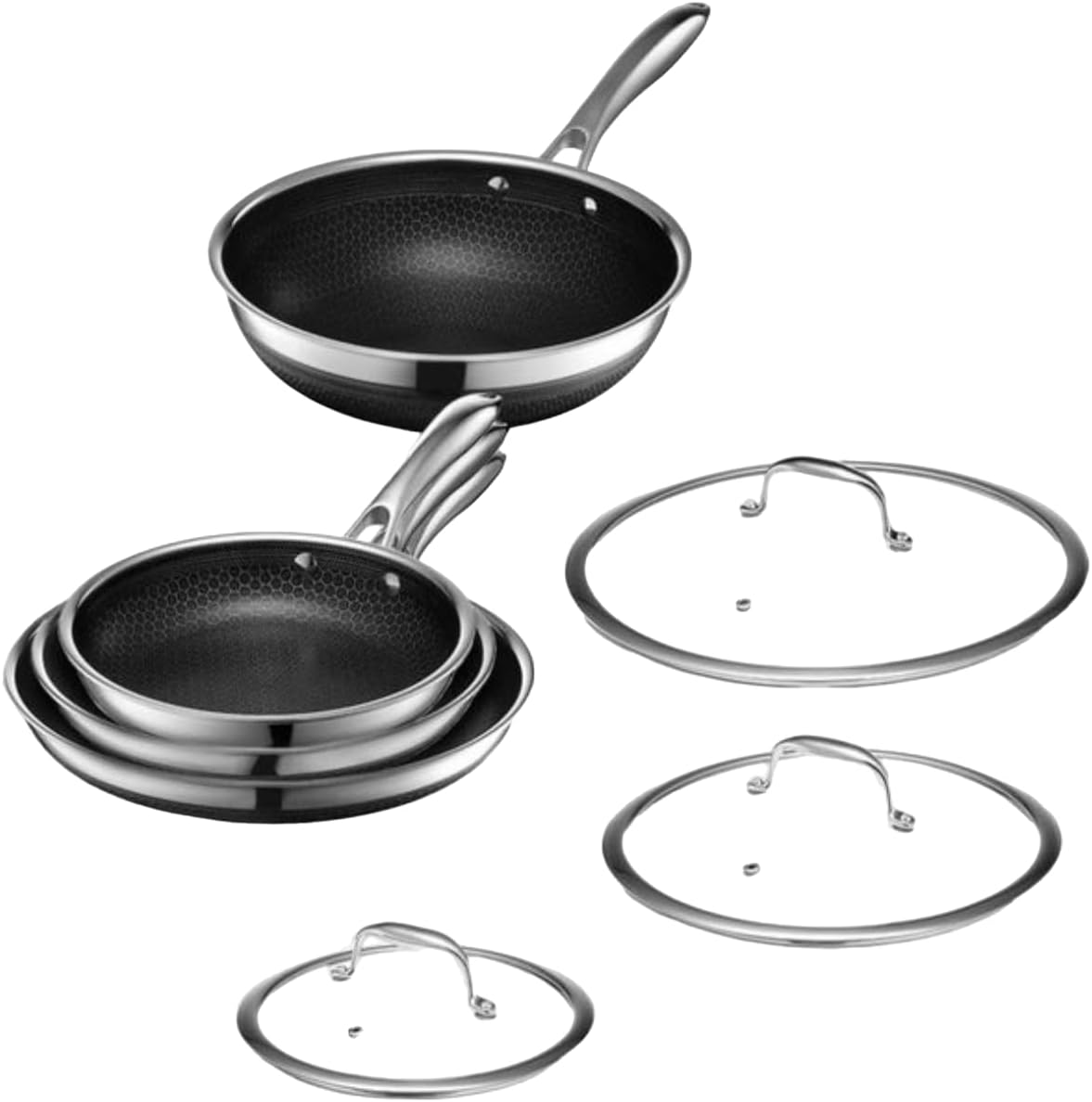 HexClad 7-Piece Hybrid Stainless Steel Cookware Set with Lids and Wok - Metal Utensil and Dishwasher Safe, Induction Ready