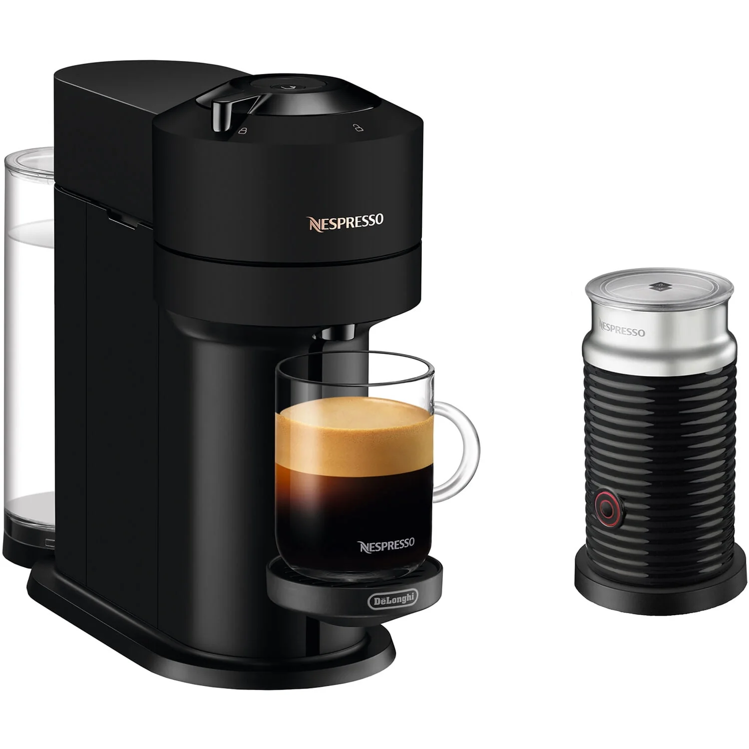 Nespresso by De'Longhi Vertuo Next Premium Coffee and Espresso Maker in Black Matte plus Aeroccino3 Milk Frother in Black