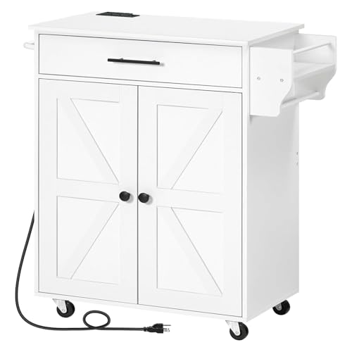 HOOBRO Kitchen Island with Power Outlet, Kitchen Island Storage Island with Large Worktop, Spice Rack and Drawer, Rolling Kitchen Cart on Wheels