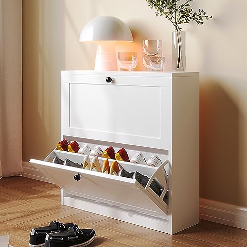 VOWNER Shoe Cabinet with 2 Flip Drawers, Freestanding Shoe Storage Cabinet with Adjustable Shelf & Anti-Tipping Device, Shoe Rack for Entryway