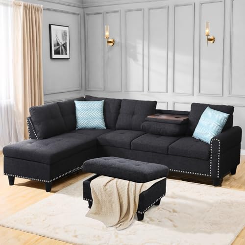 L Shaped Sectional Couch with Recliner, Modern Sleeper Sofa with Movable Storage Ottoman