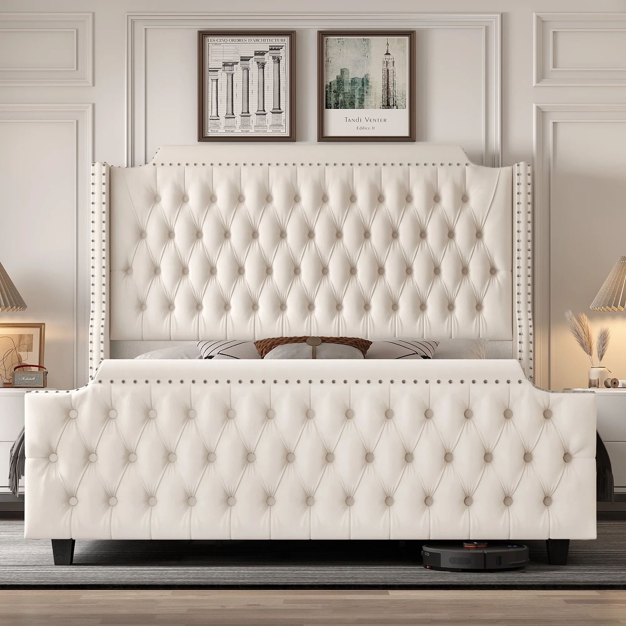 Homfa 54" Tall Headboard Bed Frame with Wingback, Queen Size Bed with Tall Headboard, Velvet Deep Button Tufted Tall Upholstered Bed with Footboard
