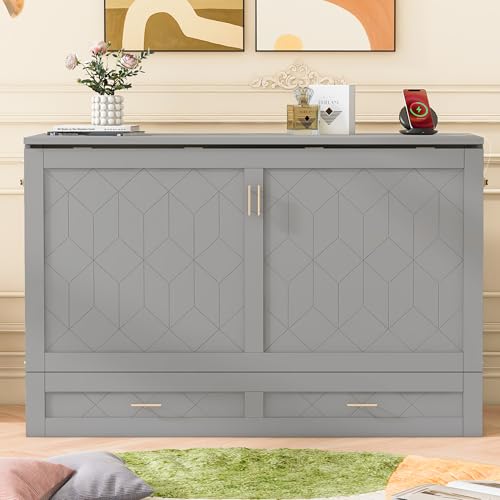 Harper & Bright Designs Queen Size Murphy Wall Bed, Chest Cube Cabinet With USB, Charging Station and Large Storage Drawer for Home Office