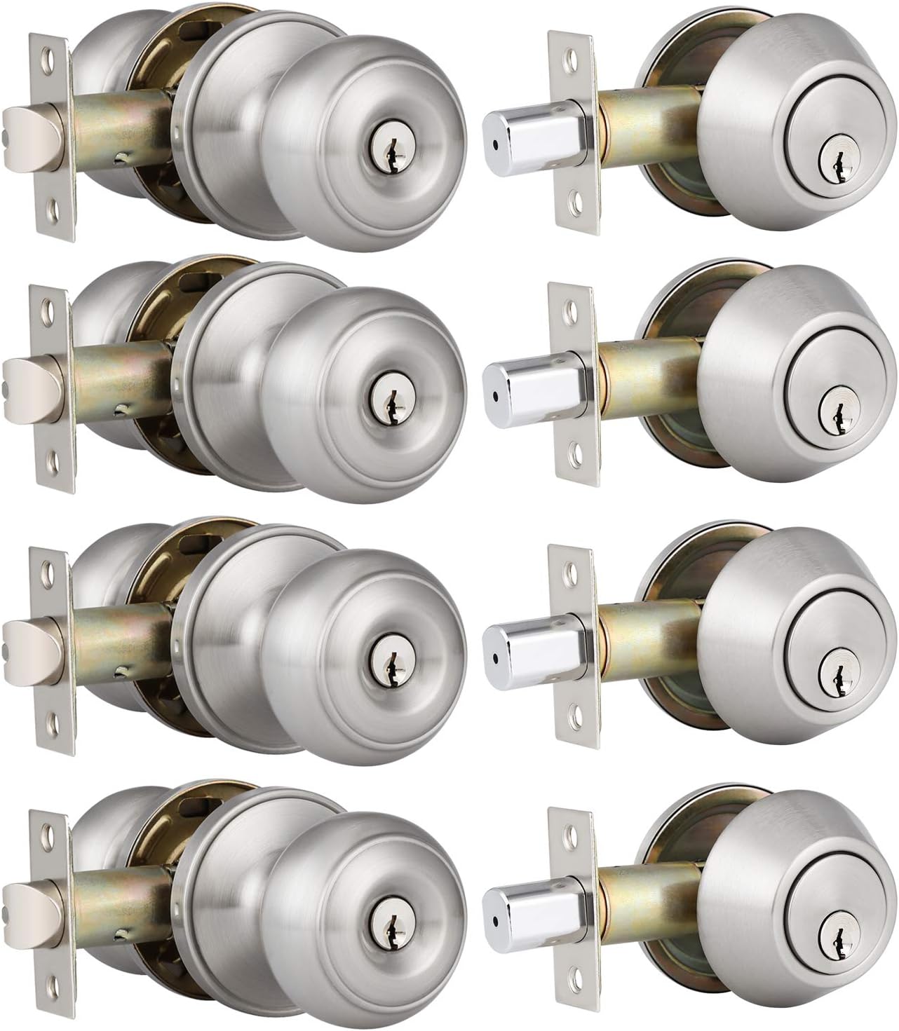 4 Pack Entry Door Knob and Single Cylinder Deadbolt Combo Pack in Satin Nickel, Keyed Alike Exterior Door Lock Set with Deadbolt
