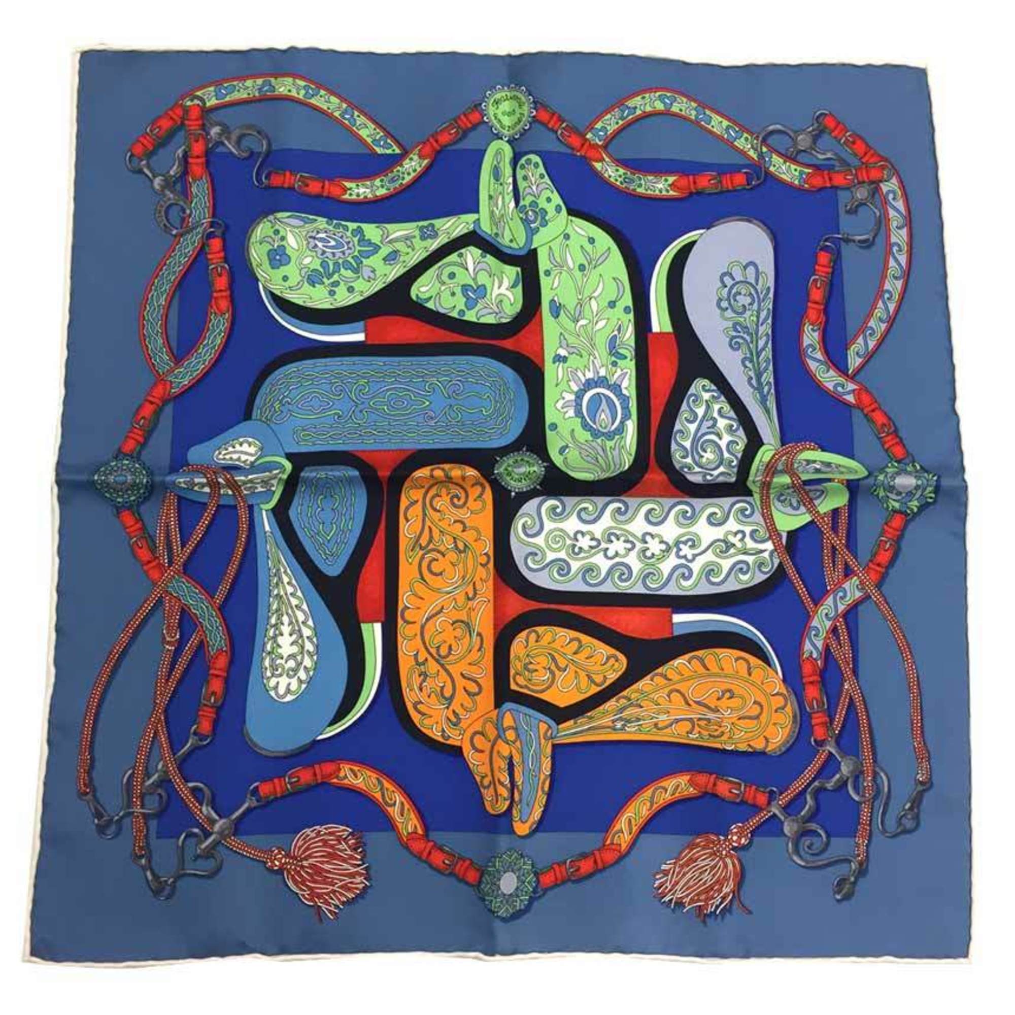 Pre-Owned HERMES Hermes Carre 45 Gavroche Scarf Muffler FESTIVAL DES AMAZONES Amazon Festival BLUE/ROUGE/VERT 100% Silk Pocket Square Neckerchief