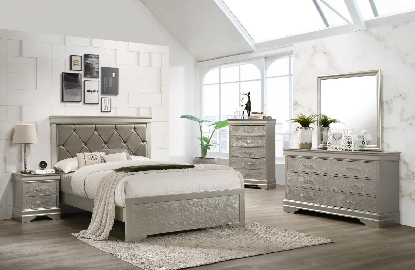 4Pc Silver Finish California King Size Panel Upholstery Bed Dresser Mirror Nightstand Set Wooden Bedroom Furniture
