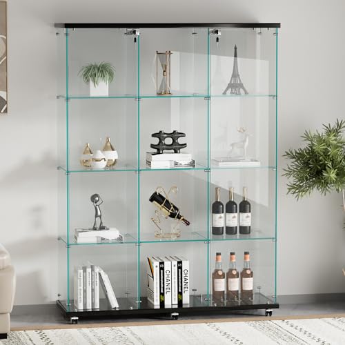 SSLine Modern Glass Display Cabinet Floor Standing Curio Cabinet with LED Light 1 Door 4-Shelf Tempered Glass Showcase Display Shelf Organizer for