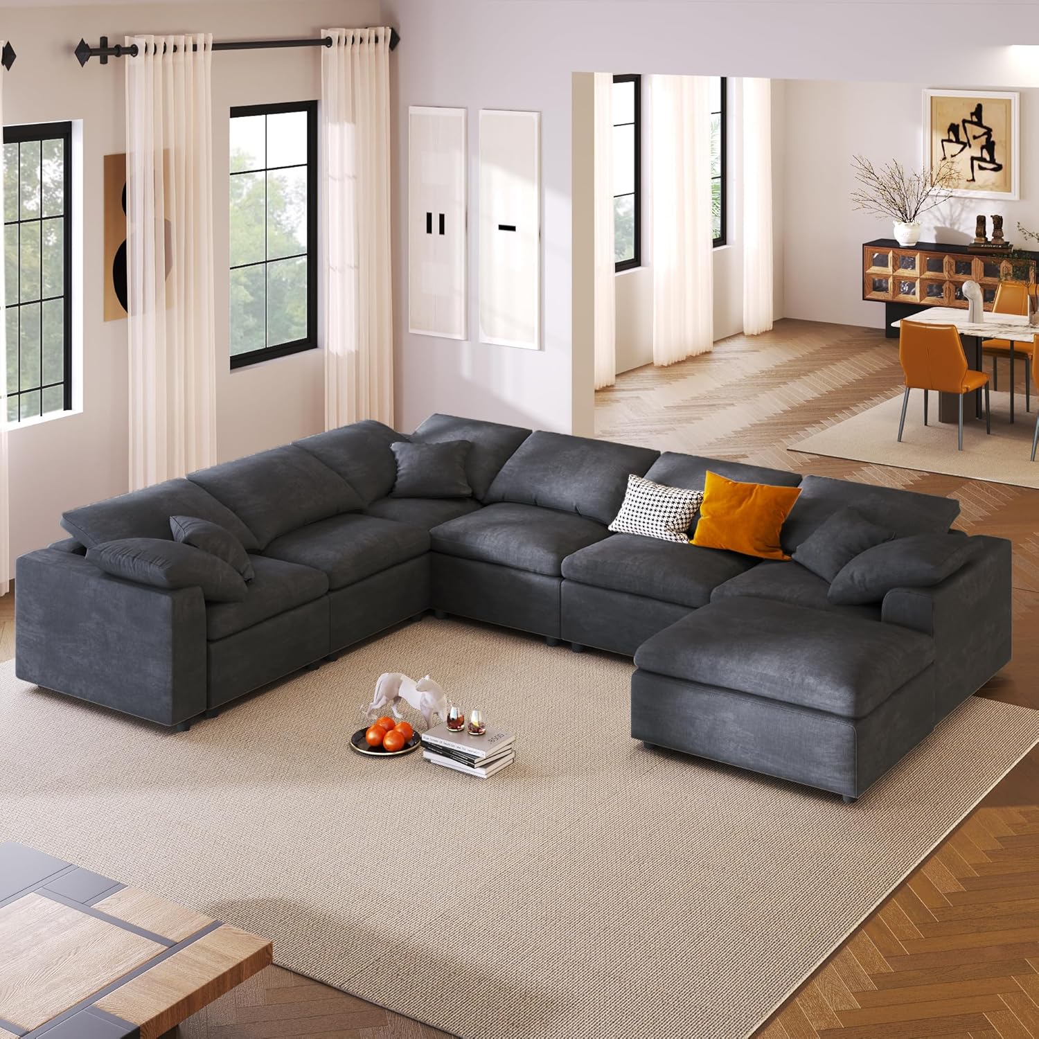 Deep Seat Convertible Modular Sectional Sofa with Movable Ottoman, L/U Shaped Oversized Corner Couch with Throw Pillows