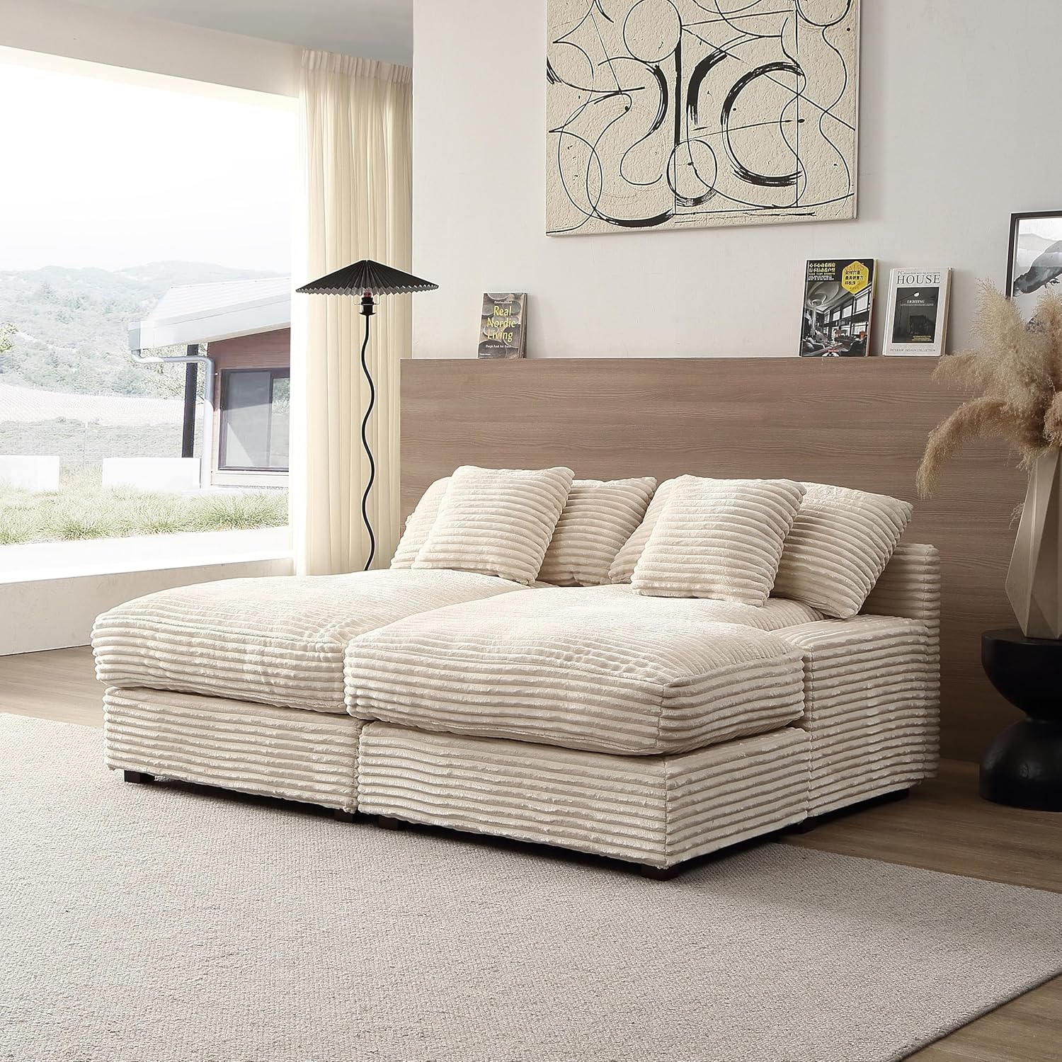 Oversized Luxe Chaise Lounge Loveseat Couch Bed, Comfy Corduroy Upholstered Indoor Leisure Sofa Recliner Daybed