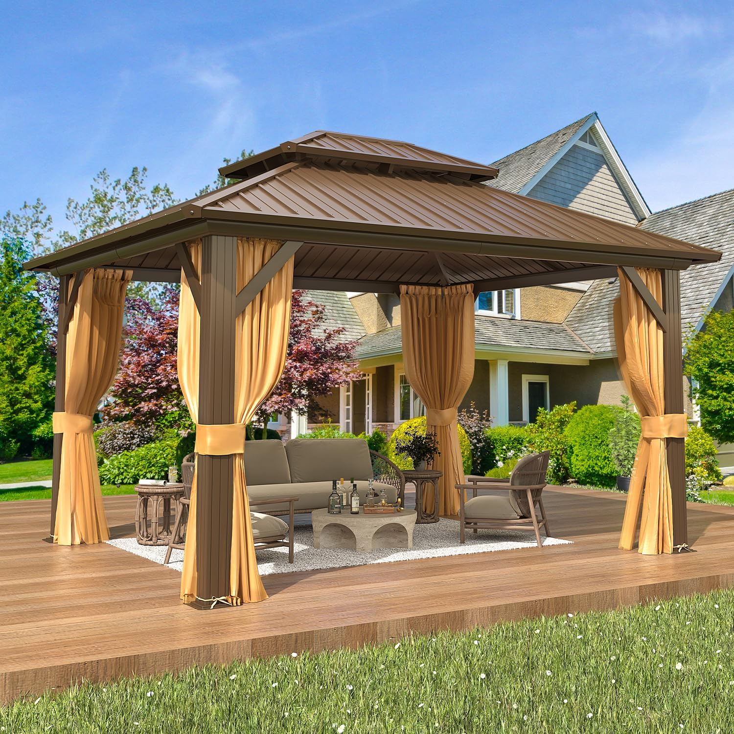 EROMMY 10'x12' Gazebo Hardtop, Galvanized Steel Double Roof Metal Gazebo with Aluminum Frame