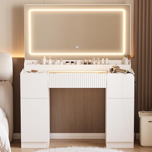 44" Vanity Desk with Large Mirror and Lights, Modern Glass Top Makeup Vanity Set with Power Outlet, 3 Drawers and 2 Cabinet