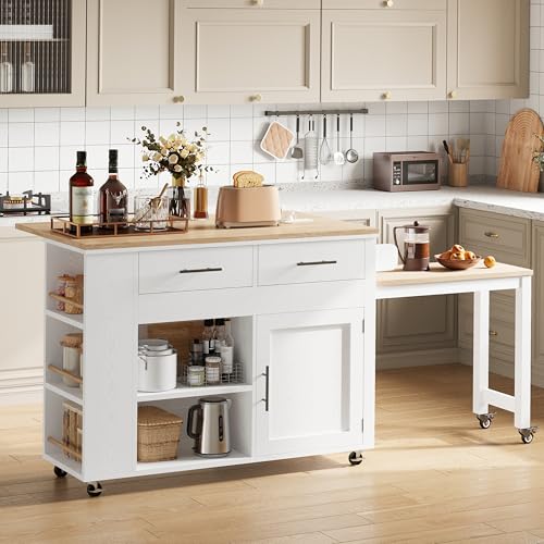 Kitchen Island with Storage on Wheels Drop Leaf Extandable Table Kitchen Island Cart with Drawers Power Outlet