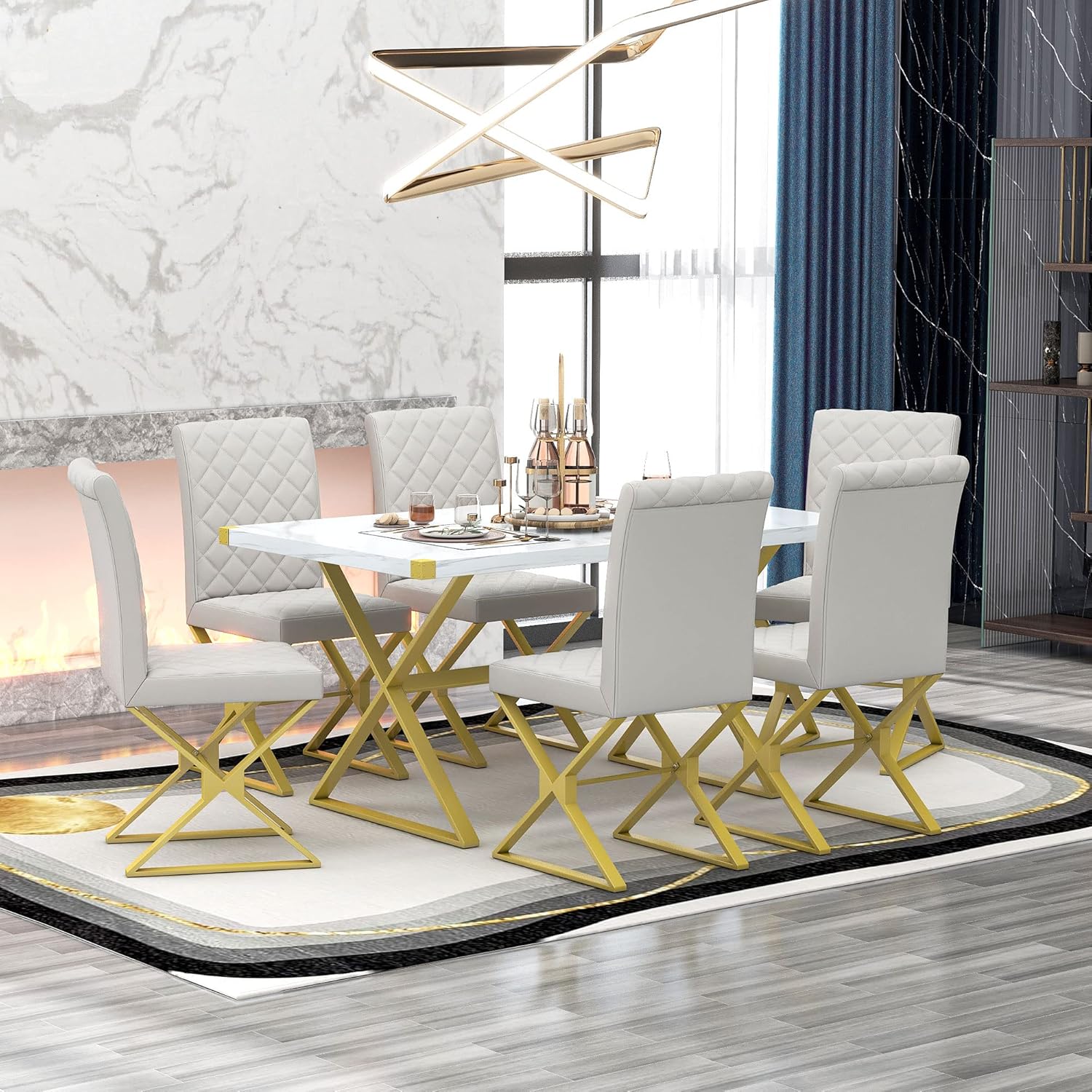 RITSU Modern 7-Piece Dining Table Set, Rectangular Marble Texture Surface and 6 Pu Leather Chairs, X-Shaped Golden Steel Tube Legs