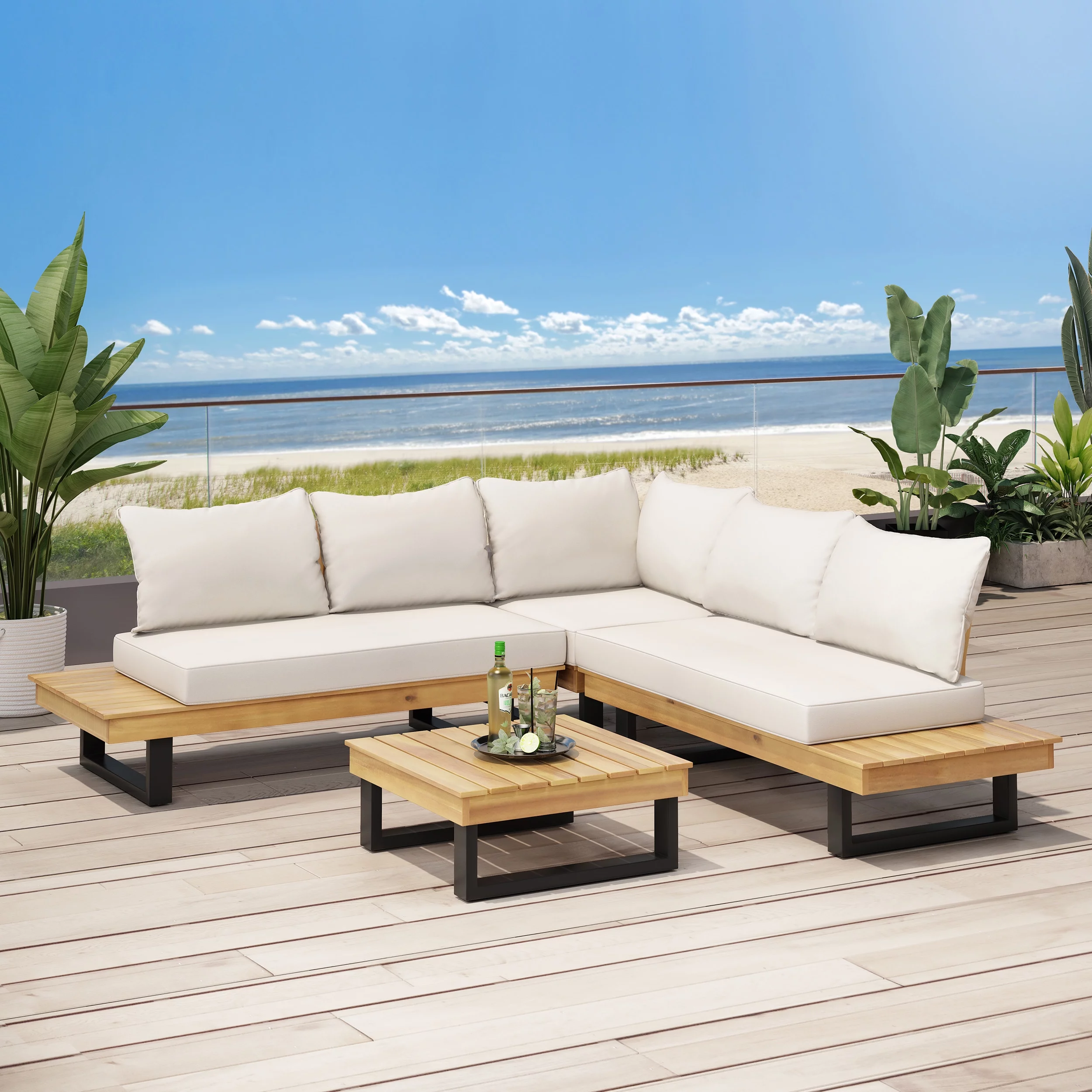 Noble House Draven 4 Pc Outdoor Patio Sectional Set, Beige/Teak Acacia Wood Water Resistant